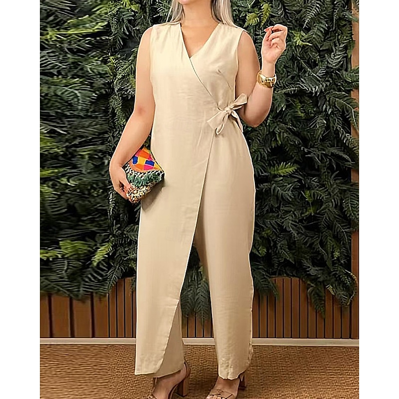 Women's Normal Cotton Linen Pants Streetwear Solid Color Sleeveless V Neck Daily Going out Regular Fit Black White Yellow Summer