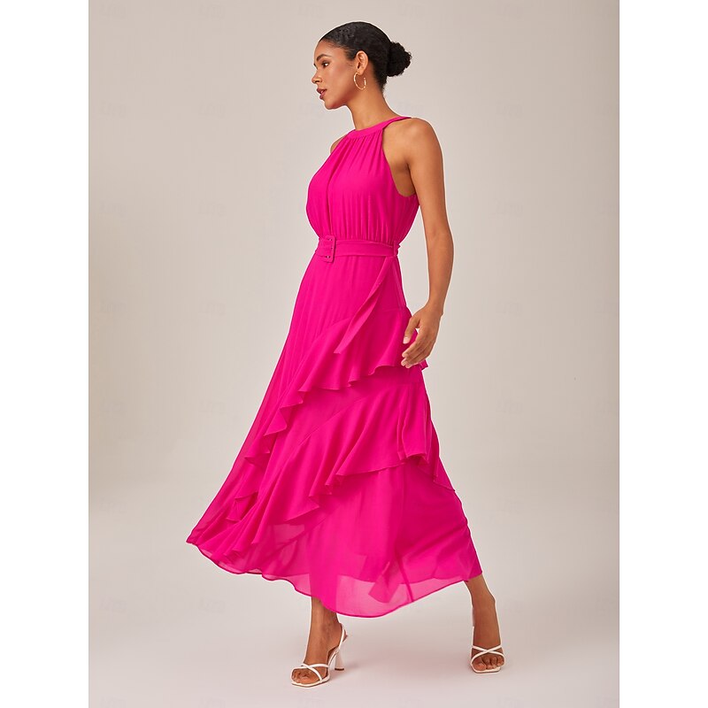 Women's Elegant Dress Rose Red Sleeveless Solid Color Ruffle Mismatched All Seasons Elegant Dress Wedding Party S M L4