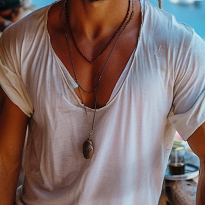 Men's T Shirt Tee Short Sleeve Shirt Tee Top Short Sleeve V Neck Summer Plain Fashion Designer Basic Classic Vacation Street Going out Beige Top Tee for Men2