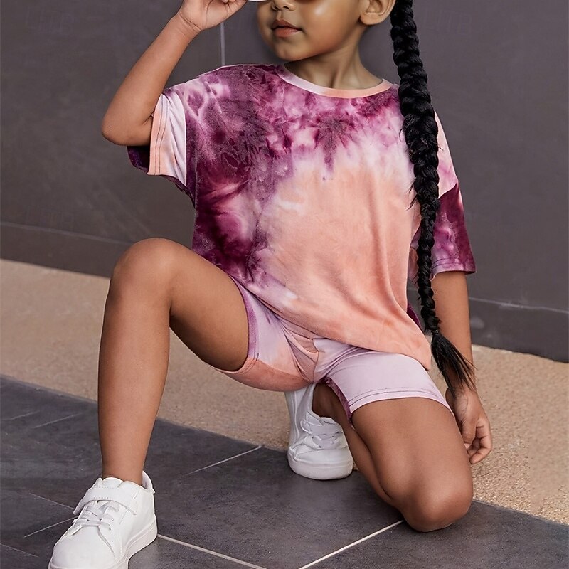 2 Pieces Kids Girls' Tie Dye Crewneck T-shirt & Shorts Set Short Sleeve Fashion Outdoor 4 years+ Summer Purple4