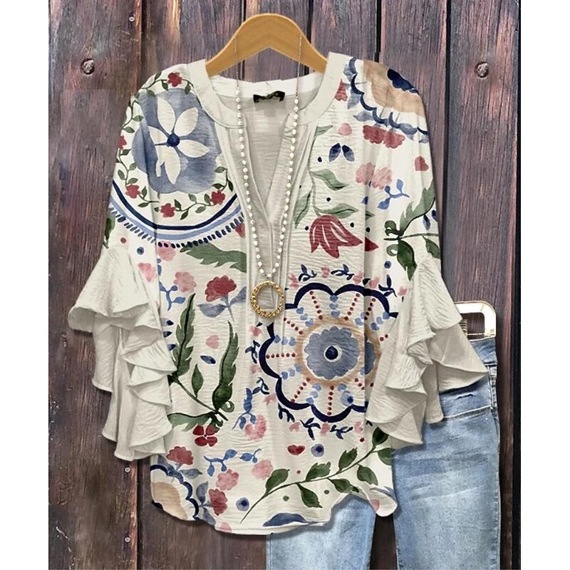 Women's Blouse V Neck Floral Graphic Paisley Bohemia Vintage Daily 3/4 Length Sleeve Regular Tops Daily Holiday Vacation Wear Print Pink Purple Khaki Beige Summer Spring Fall4