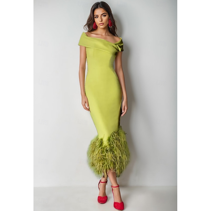 Feather Column Cocktail Dresses Elegant Dress Formal Wedding Ankle Length Short Sleeve Off Shoulder Stretch Crepe