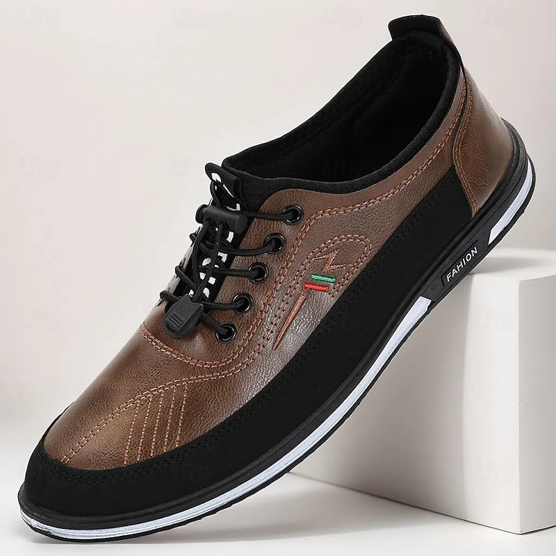 Men's Brown Faux Leather Casual Walking Shoes with Lace-Up Design Soft Sole Comfort Fit for Adults Suitable for Commuting Daily Wear Travel and Leisure Sports Look