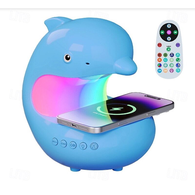 1 Pc Mobile Wireless Charging Night Light Music Player RGB Colorful Lights Follow Music Rhythm Cute Dolphin Shaped Type-C Plug in Bedroom Bedlight Dimming Timer Function3