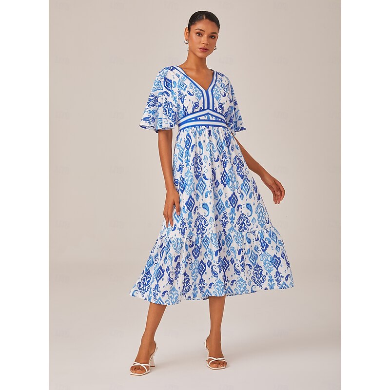 Blue Monochrome Print Empire Waist Midi Dress2