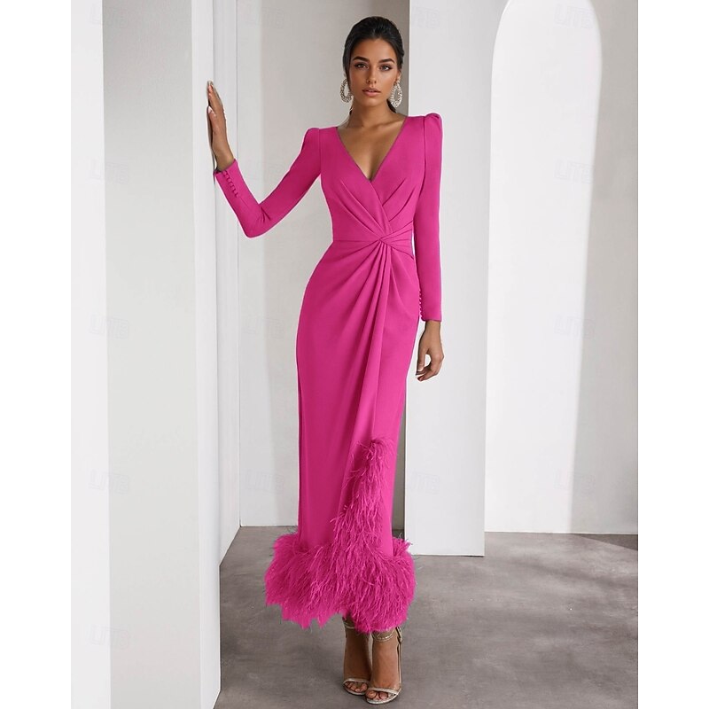 Feather Column Cocktail Formal Dresses Elegant Dress Wedding Guest Ankle Length Long Sleeve V Neck Stretch Crepe4