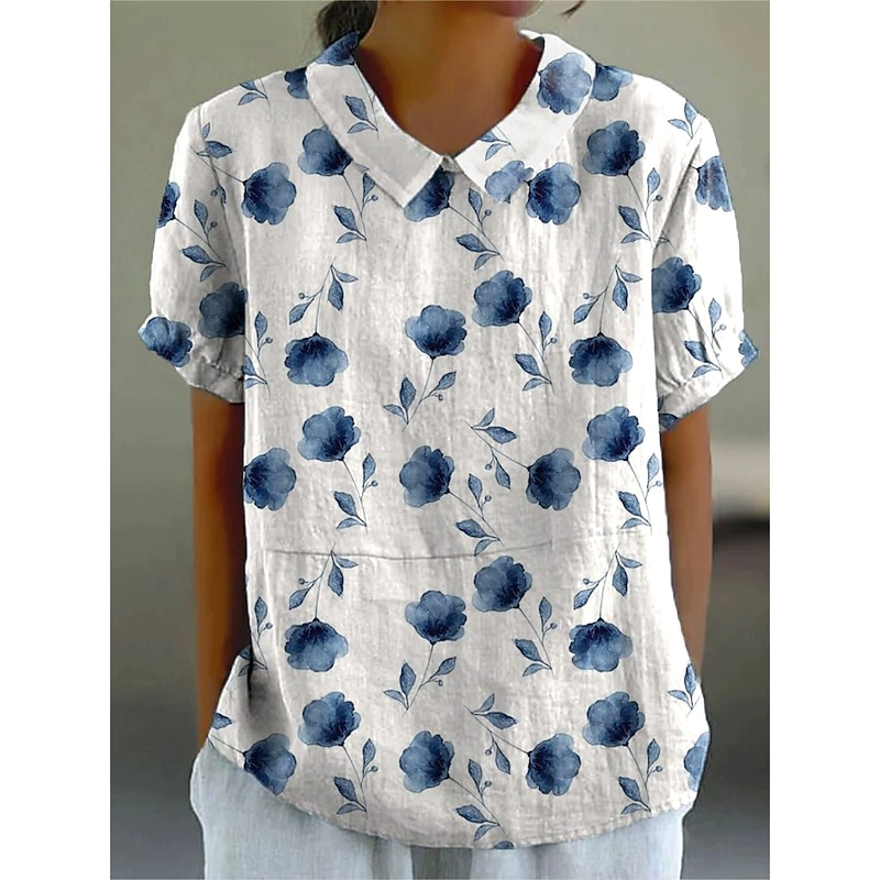 Women's Blouse Floral Graphic Abstract Vintage Tropical Stylish Short Sleeve Shirt Collar Regular Tops Work Daily Print Blush Pink Black Light Green Red Light Blue Summer Spring