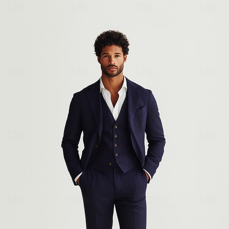 Men's Wedding Business Linen Suits Navy Blue Fashion Formal Summer Solid Colored Standard Fit 3 Piece Single Breasted One-button2