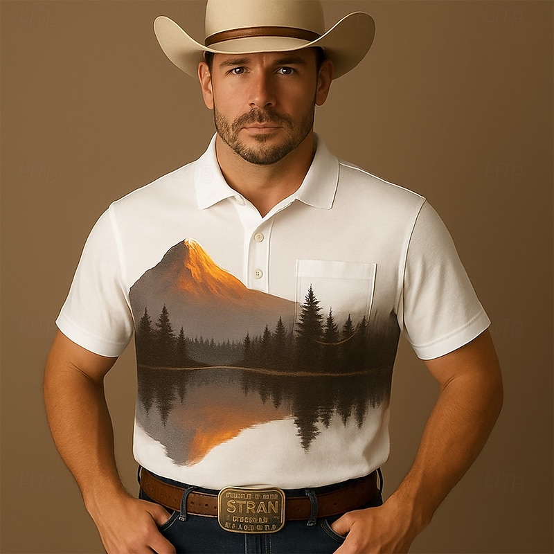 Men's Tree Mountain Polo Short Sleeve Polo Shirts Collared Shirts Casual Western Style Outdoor Athleisure Buttons Pocket 3D Print Summer White Blue Brown2