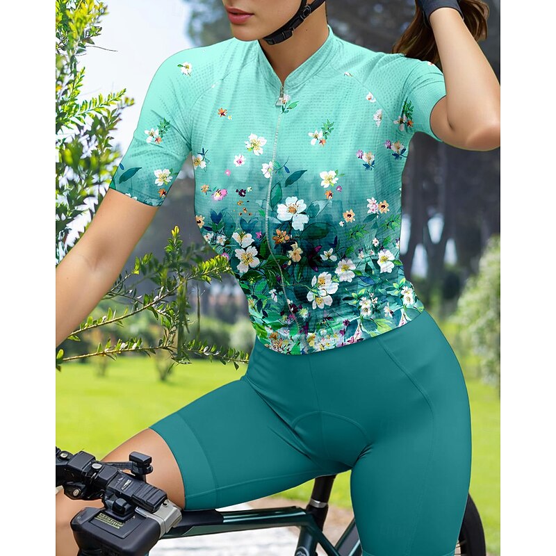 Women's Cycling Jersey Graphic Gradient Floral Botanical Short Sleeve Bike Jersey Top with 3 Rear Pockets Sunscreen UV Resistant Quick Dry Reflective Strips Sports Green Clothing Apparel