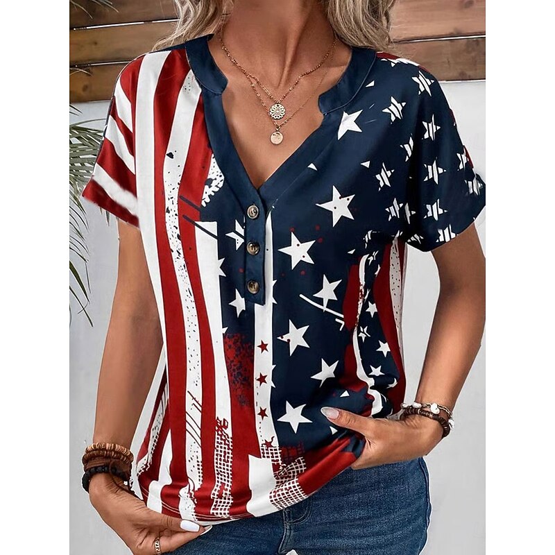 Women's Patriotic  T Shirt Graphic American Flag Vintage Stylish Casual Short Sleeve V Neck Regular Tops Daily Weekend Print Blue Summer