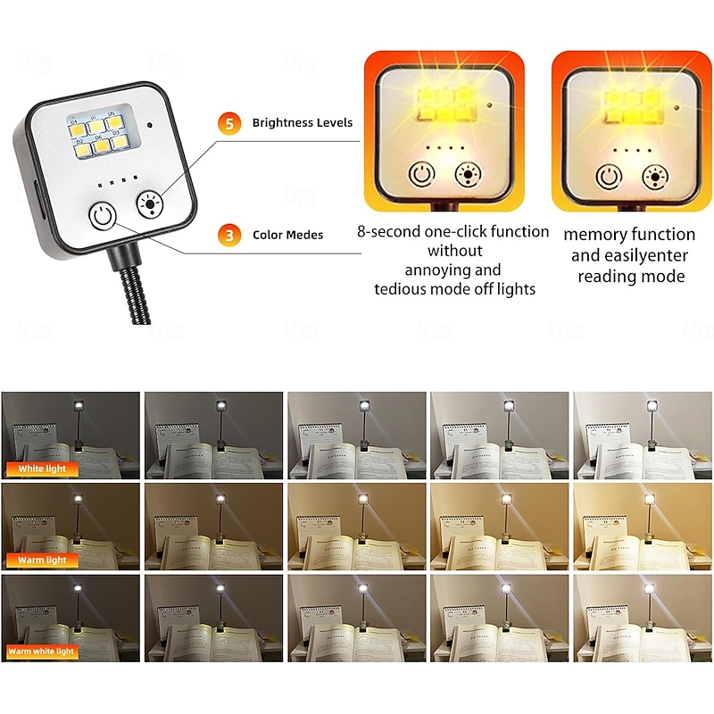 Rechargeable Book Lights for Reading at Night in Bed 6 LED Reading Lights & Memory Function-3 Color Temperatures 5 Dimming Brightness Lightweight Clip on Lamps for Book Lovers3