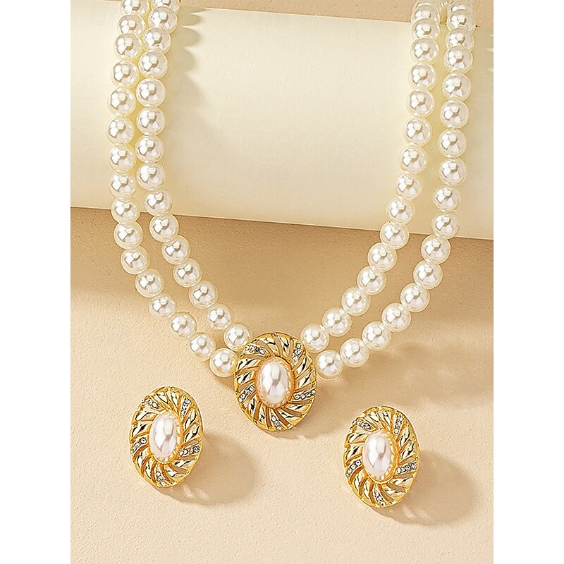 Women's Vintage Pearl Choker Necklace and Earrings Set – Elegant Double Strand Beaded Jewelry with Gold Oval Accents for Ladies, Ideal for Weddings, Parties and Formal Occasions2