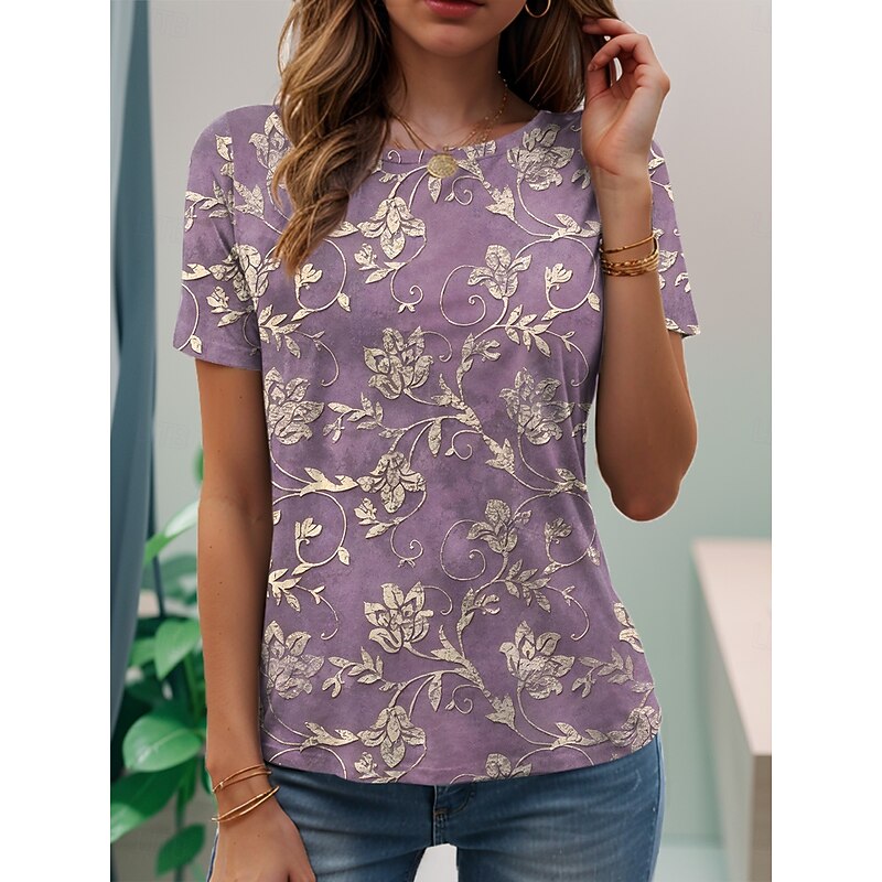 Women's T Shirt Floral Graphic Plants Vintage Stylish Classic Short Sleeve Crew Neck Round Neck Regular Tops Daily Print Purple Green off-white Gray Summer3