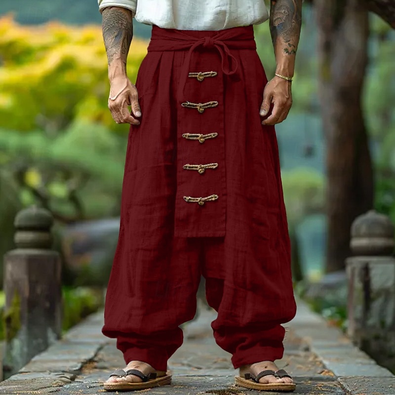 Men's Linen Pants Trousers Summer Pants Baggy Pants Buttons Drawstring Elastic Waist Plain Comfort Breathable Full Length Outdoor Yoga Gym Designer Retro Vintage Red Navy Blue4