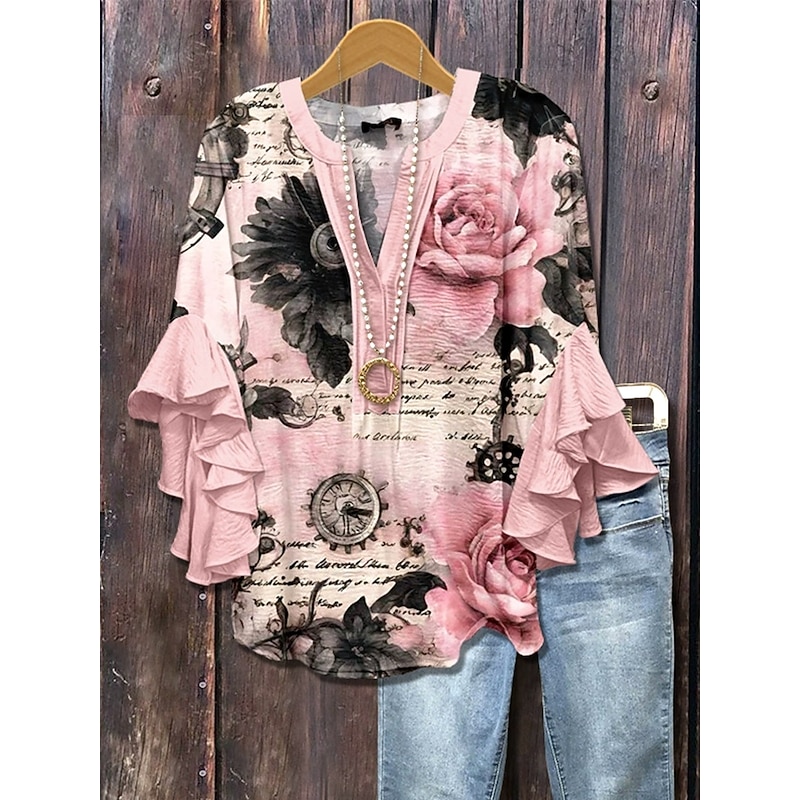 Women's Blouse V Neck Floral Graphic Striped Elegant Bohemia Ethnic 3/4 Length Sleeve Regular Tops Daily Holiday Vacation Wear Ruffle Print Sage Green Pink Purple Summer Spring Fall3