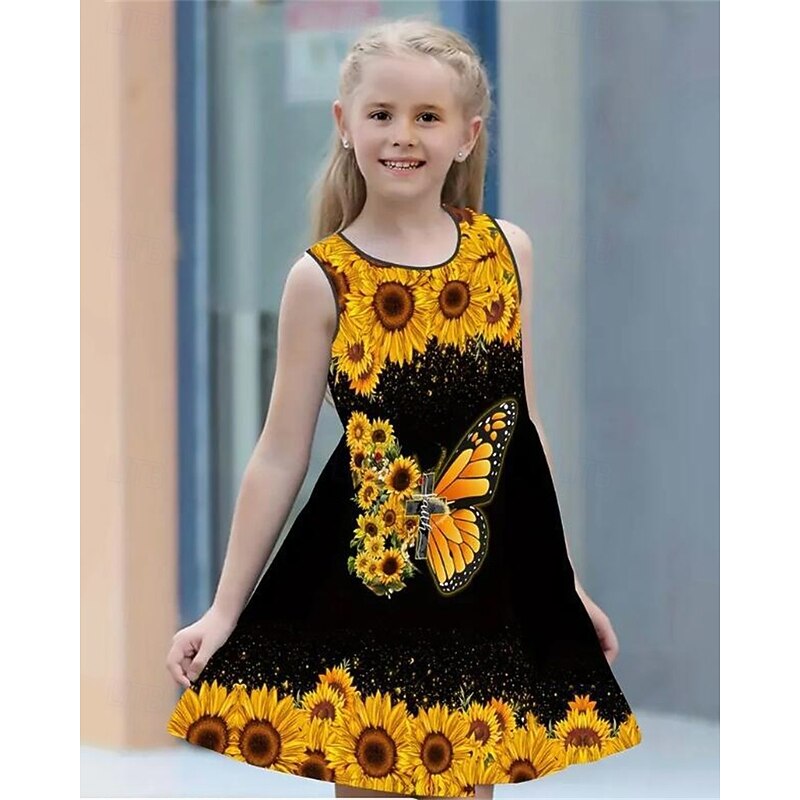 Girls' 3D Butterfly Sunflower Dress Sleeveless Summer Spring Vacation Daily Holiday Princess Beautiful Sweet Kids 4-12 Years Casual Dress A Line Dress Knee-length Regular Fit