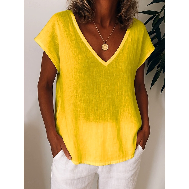 Women's T Shirt Solid Color Plain Casual Short Sleeve Round Neck Regular Tops Daily Going out Weekend Print White Yellow Light Green Purple Summer Spring3