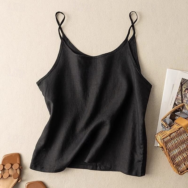 Women's Cotton Linen Vest Blouse Plain Modern Casual Sleeveless Strap Regular Tops Holiday Going out Black White Purple Apricot Summer4