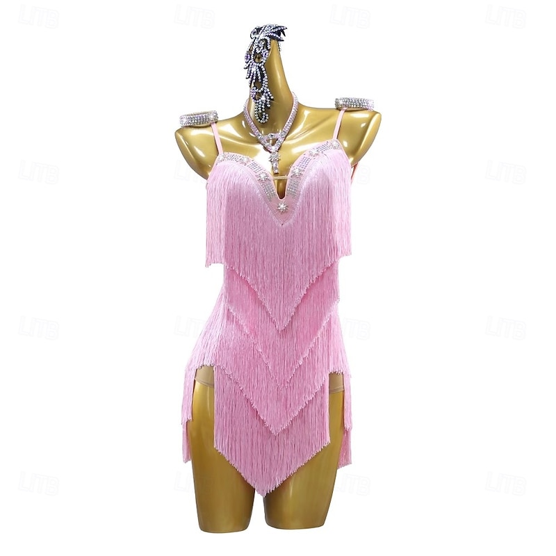 Latin Salsa Dance Dress Crystal / Rhinestone Tassel Pure Color Women's Performance Training Sleeveless Spandex4