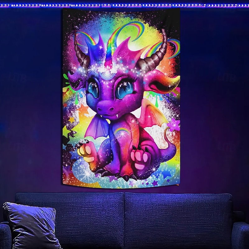 Sheena Pike Blacklight Tapestry Glow in the Dark Glow Party UV Reactive Trippy Misty Hanging Tapestry Wall Art Mural for Living Room Bedroom Rainbow Lil Dragonz2
