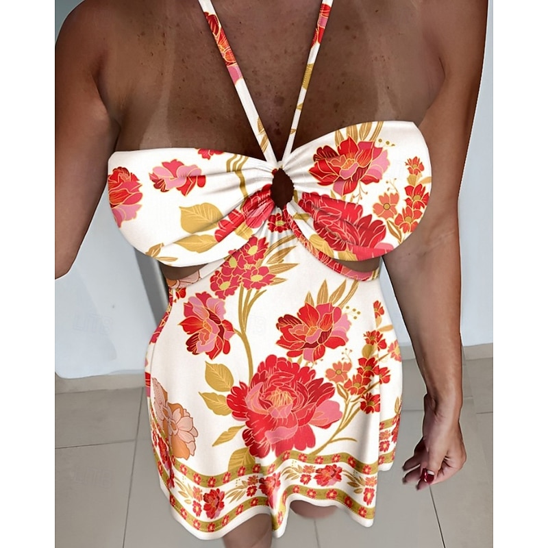 Women's Mini Dress Floral Dress Summer Dress Halter Neck Dress Print Dress Classic Modern Outdoor Vacation Holiday Regular Fit Flower Sleeveless Halter Neck White Yellow Wine Blue Summer4