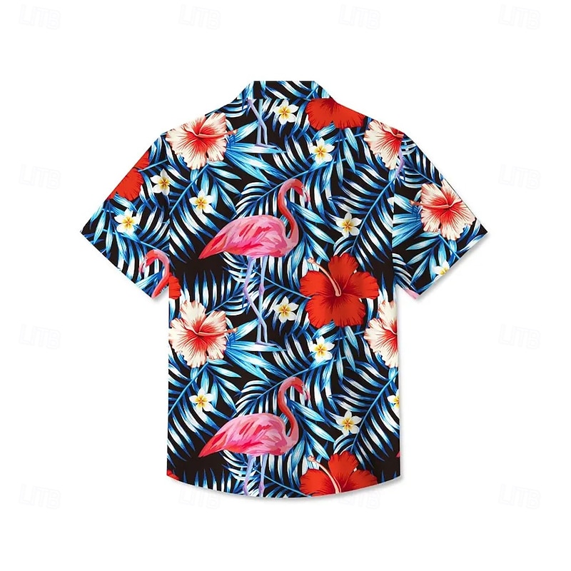 Men's Flamingo Floral Print Tropical Flowers Summer Hawaiian Shirt Button Up Shirt Aloha Shirt Short Sleeve Hawaiian Holiday Beach Wear Summer Spring Turndown 3D Print Collared Shirts Front One Pocket2