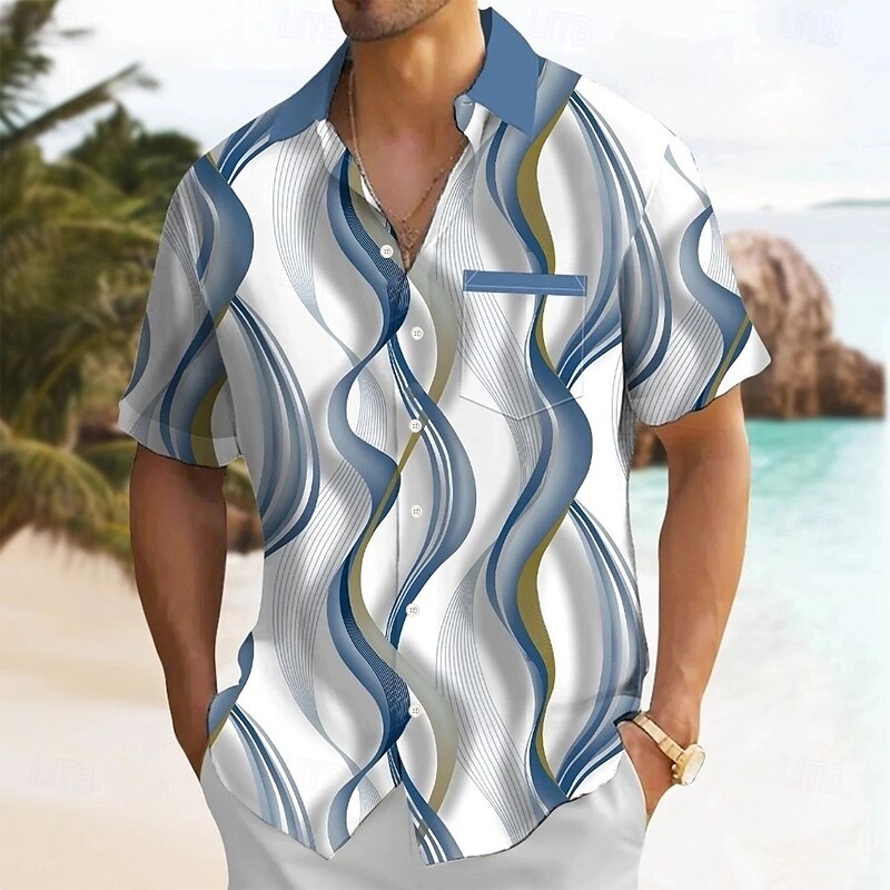Men's Geometric Gradient Waves Shirt Summer Shirt Button Up Shirt Short Sleeve Fashion Casual Outdoor Vacation Dailywear Summer Spring Turndown 3D Print Collared Shirts Front One Pocket Blue Green