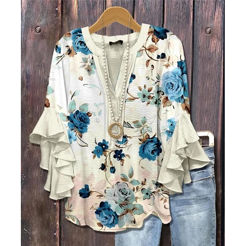 Women's Retro Blouse Layered Ruffle Sleeve Tops Vintage Floral Graphic Bohemia Vintage Daily 3/4 Length Sleeve Regular Tops Daily Holiday Vacation Wear Print White Blue Brown Summer Spring2