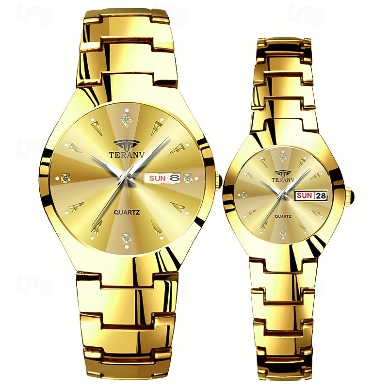 Two Round Dial Luminous Couple Watch Ipx7 Waterproof Quartz Watch Calendar Date Fashion Stainless Steel Business Watch For Women Men Dating Valentine'S Day Gift Watch3