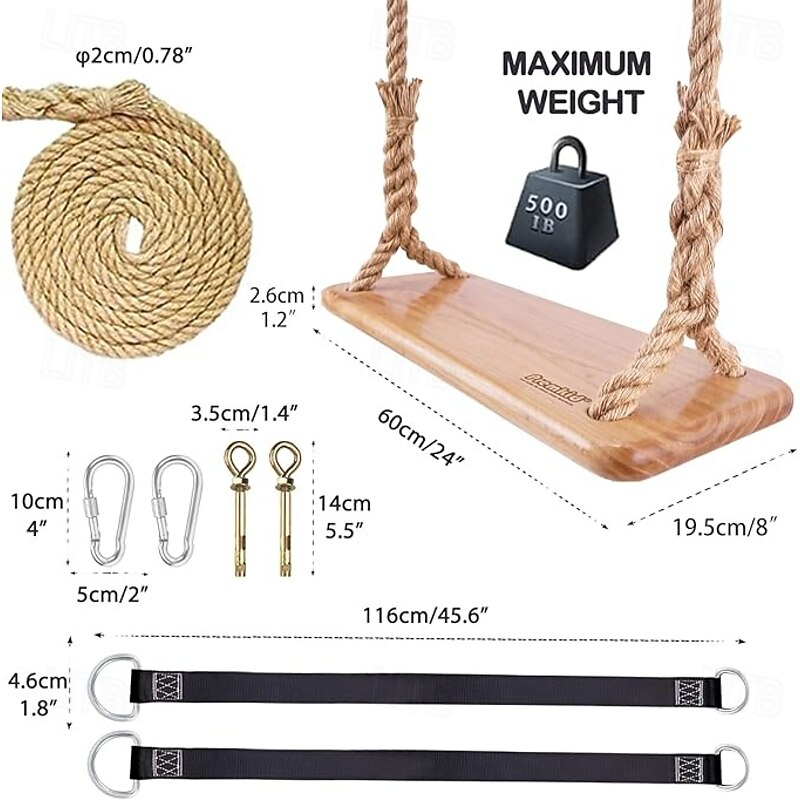 Wooden pendant swing 24 x 8 x 1.2-inch swing for adults and children weighing 500 pounds adjustable hemp rope and 147 inch tree band game4