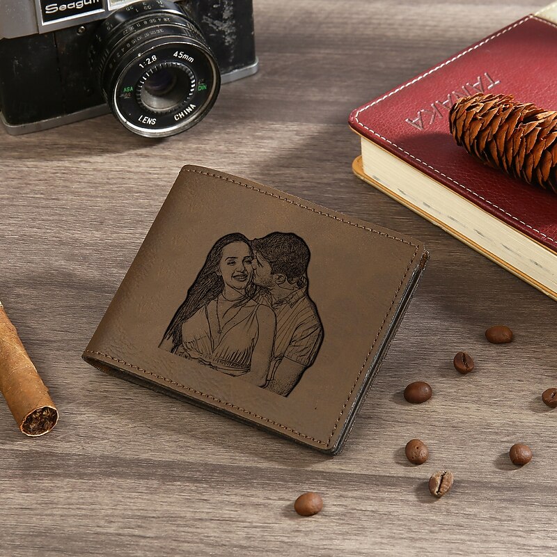 Personalized Photo Engraved Leather Wallet Custom Best Gift for Dad, Custom Name and Initials Engraved, Perfect Valentine's Day, Father's Day, Anniversary, Birthday Gift for Him