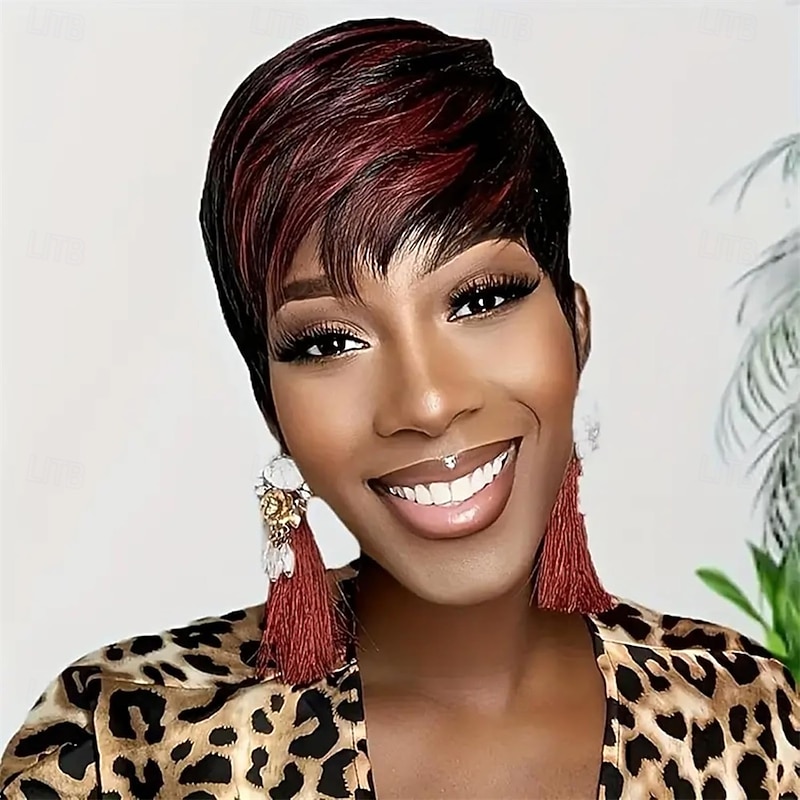 Short Pixie Cut Wig Synthetic Wig for Black Women with Burgundy Layered Short Haircut Wig Glueless Wig with Bangs Quick Get Up and Go Wig3