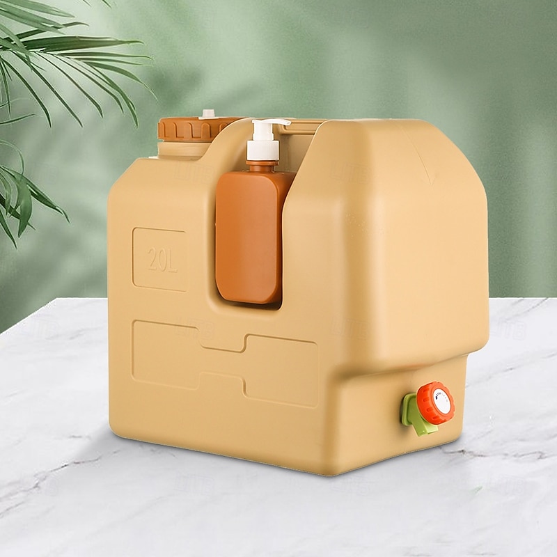 5.28gal Portable Camping Water Jug with Spigot & Removable Soap Dispenser - BPA-Free Food-Grade PE, Adjustable Flow Tap, Wide Mouth, Durable Design for Camping, Hiking, Outdoor, Emergency (Yellow)3