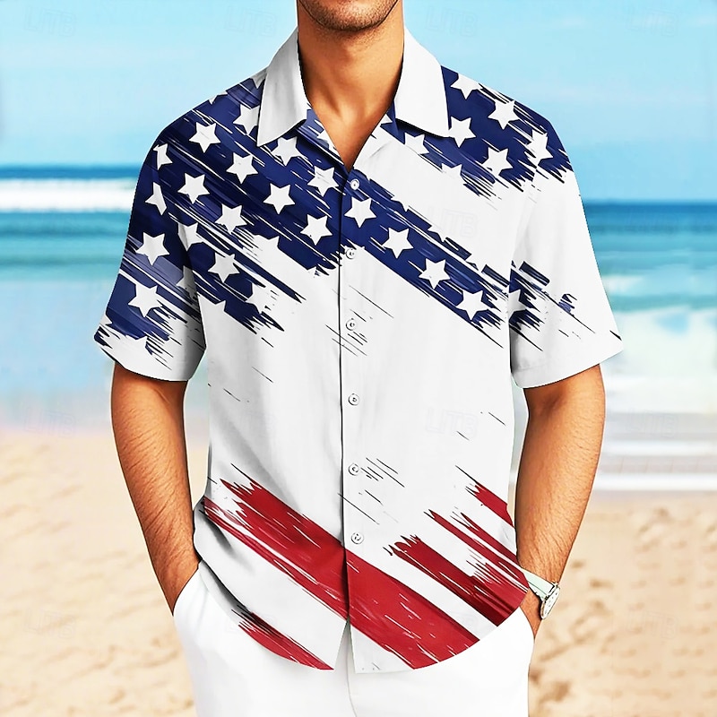 Independence Day Men's American US Flag Patriotic Shirt Casual Shirt Cuban Collar Shirt Short Sleeve Army Militray Holiday Streetwear Summer Spring Stand Collar Camp Collar Shirt 3D Print White