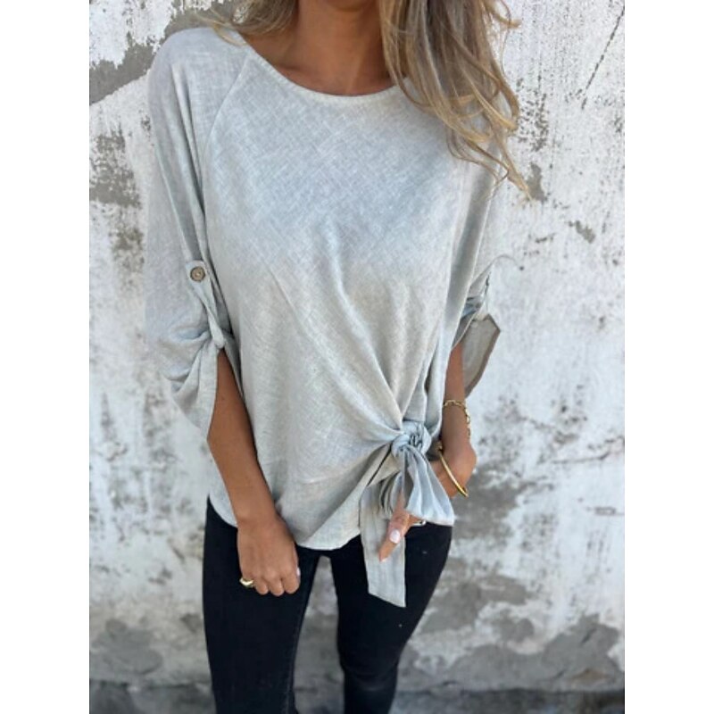 Women's Cotton Linen Shirts Plain Daily Modern 3/4 Length Sleeve Crew Neck Regular Tops Daily Holiday Lace up White Sky Blue Gray Summer4