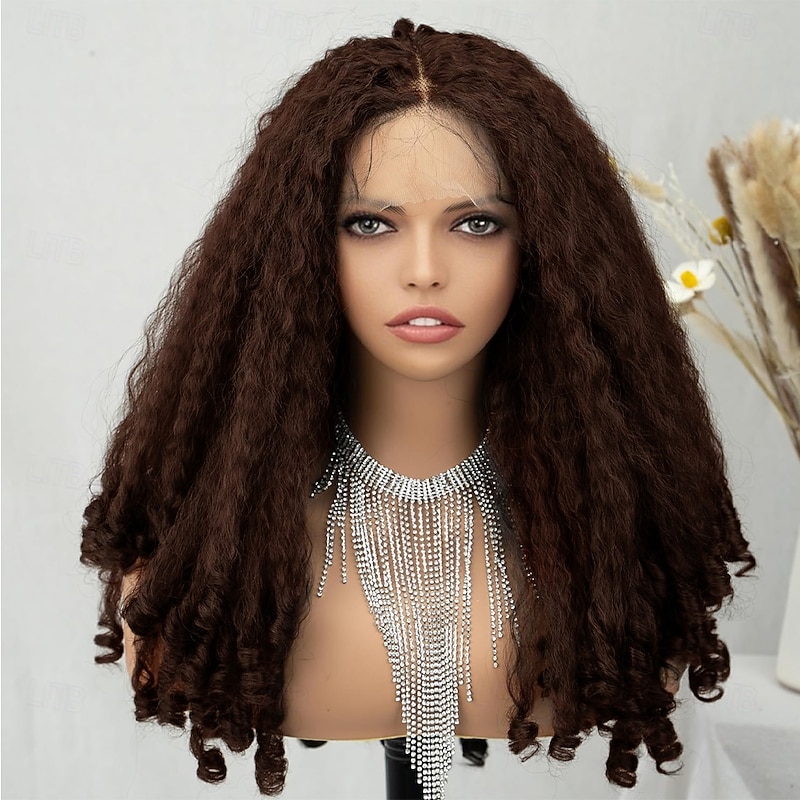 Synthetic Lace Wig Jerry Curl Style 20 inch Dark Brown Middle Part 13x4x1 T Part Lace Front Wig Women's Wig Dark Brown2