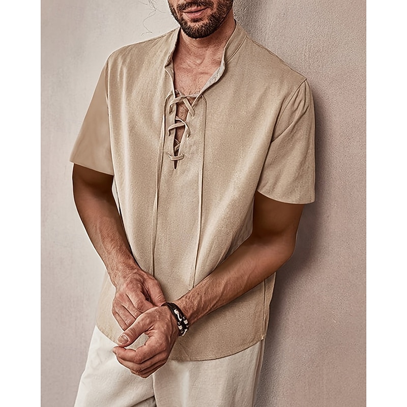 Men's Shirt Summer Shirt Casual Shirt Beach Shirt Black Apricot Short Sleeve Plain Band Collar Vacation Hawaiian Lace up Clothing Apparel Polyester Fashion Casual Comfortable - Main Image