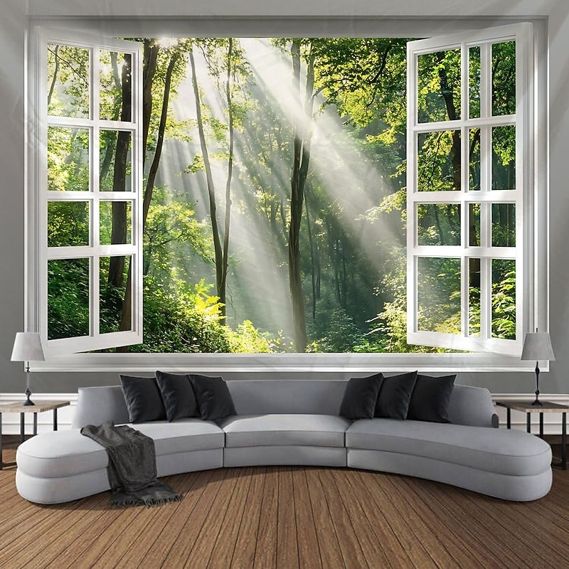 Window Forest Landscape Tapestry Decorative Art Carpet Curtain Hanging Home Bedroom Living Room Decoration2