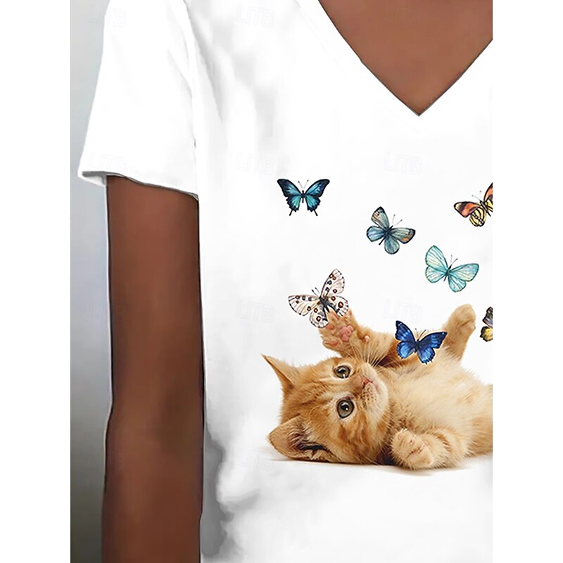 Women's T Shirt Summer Tops Cat Butterfly Classic Casual Short Sleeve V Neck Crop Tops Daily Weekend Print Rainbow Summer Spring Fall4