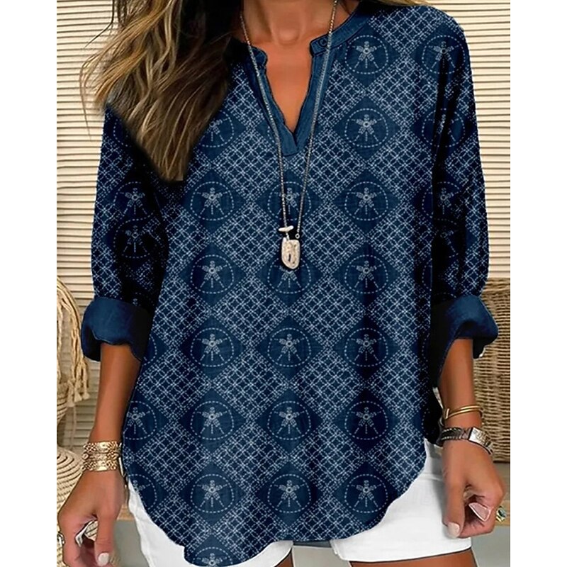 Women's Shirt Animal Daily Stylish Basic Long Sleeve V Neck Regular Tops Daily Holiday Print Navy Blue Green Light Blue Spring Fall3