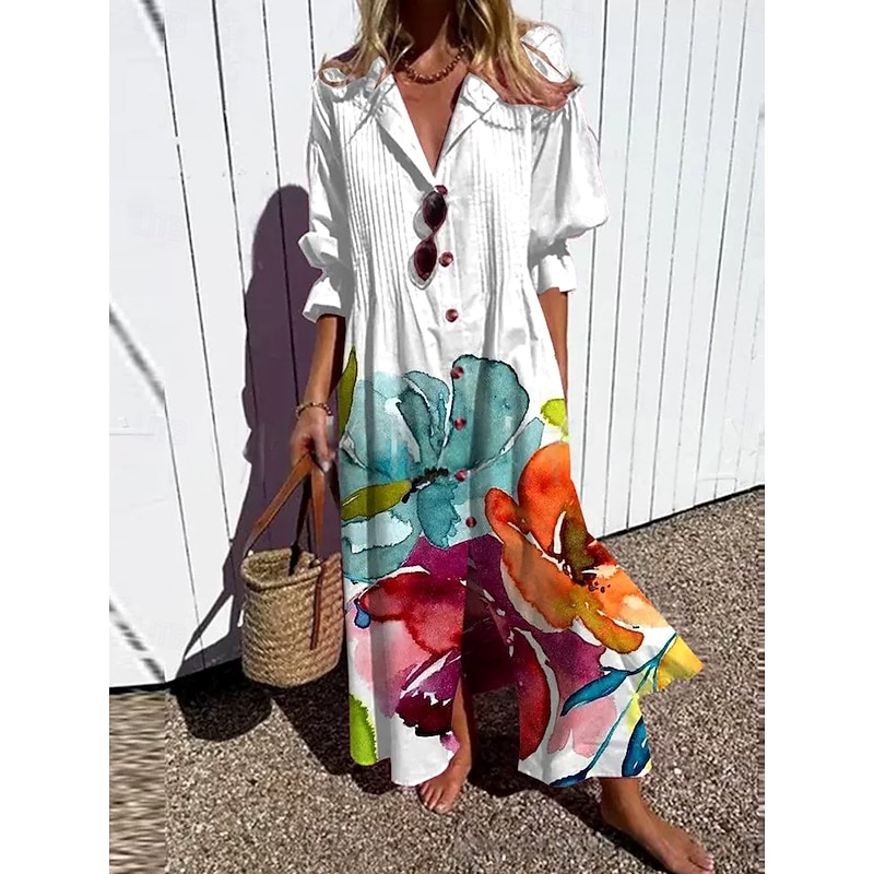 Women's Maxi Dress A Line Dress Vacation Ethnic Casual Loose Fit Floral Graphic Leaf 3/4 Length Sleeve V Neck Shirt Collar Aqua Blue Sage Green White Navy Blue Summer Spring