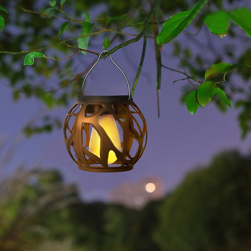 4 Pcs Outdoor Solar Lanterns Hollow Pendant Light Lantern Simulation Flame Courtyard Garden Fence Balcony Tree Decoration Light Landscape Light4