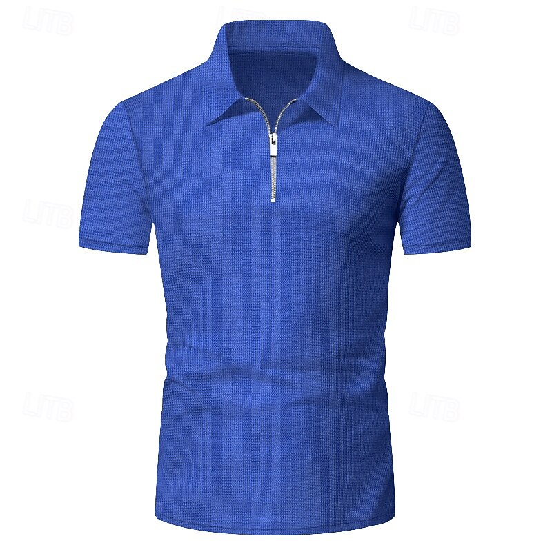 Men's Waffle Polo Shirts Quarter Zip Polo Daily Holiday Lapel Short Sleeve Fashion Basic Plain Summer Regular Fit Black White Blue Khaki Light Grey Waffle Polo Shirts3