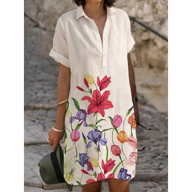 Women's Mini Dress Sundress Casual Beach Daily Regular Fit Flower Short Sleeve Shirt Collar White Yellow Red Brown Summer