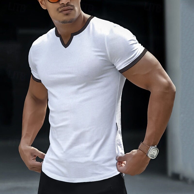 Men's T Shirt Tee Top Short Sleeve Short Sleeves V Neck Notched Summer Color Block Fashion Designer Basic Classic Style Vacation Street Casual Black White Gray Top Tee for Men