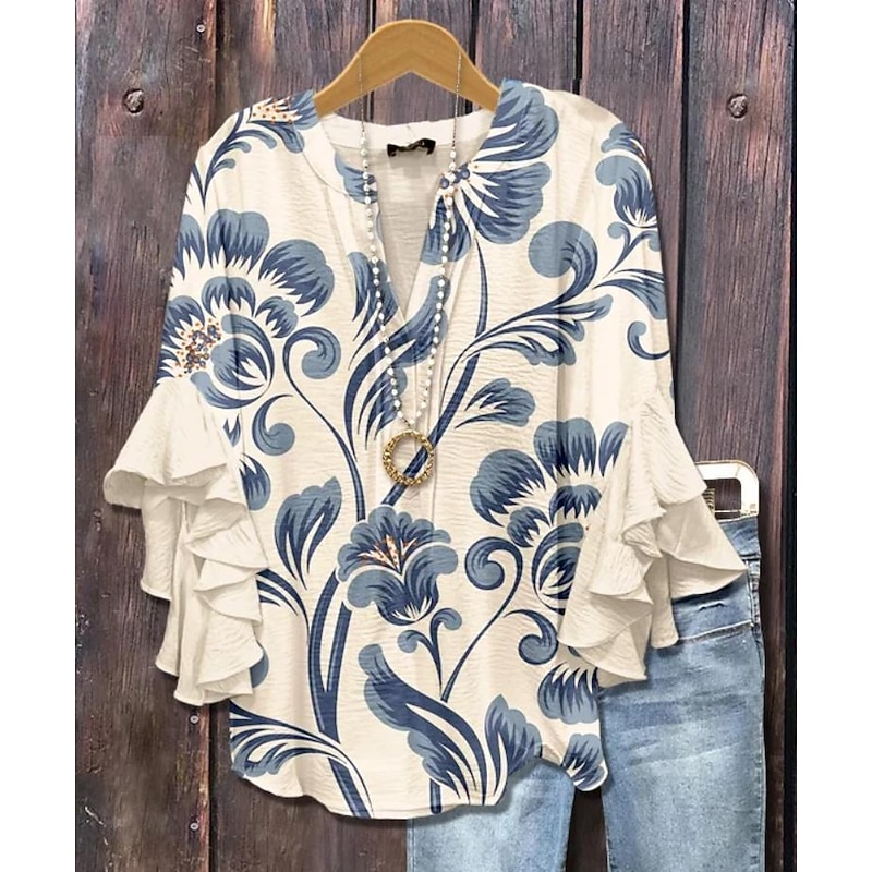 Women's Blouse V Neck Layered Ruffle Sleeve Tops Floral Graphic Bohemia Vintage Daily 3/4 Length Sleeve Regular Tops Daily Holiday Vacation Wear Print Pink Red Blue Sky Blue Orange Summer Spring Fall3