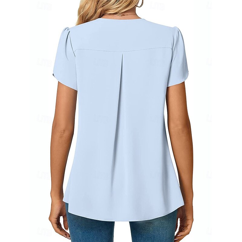 Women's Blouse Solid Color Basic Casual Short Sleeve V Neck Regular Tops Daily Black White Red Navy Blue Blue Summer3
