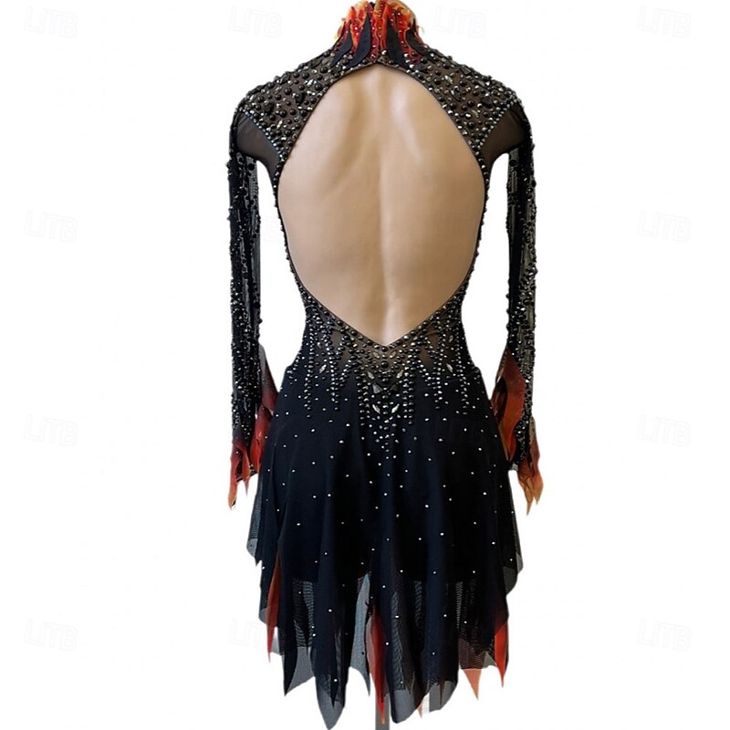 Figure Skating Dress Women's Girls' Ice Skating Dress Black Red Patchwork Open Back Mesh High Elasticity Training Competition Skating Wear Classic Crystal / Rhinestone Long Sleeve Ice Skating Figure2
