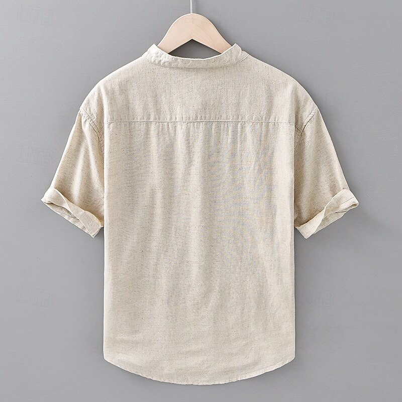 Men's Shirt Linen Shirt Popover Shirt Casual Shirt Cotton Shirt Plain Vacation Street White Navy Blue Blue Beige Short Sleeve Band Collar Summer Clothing Apparel2